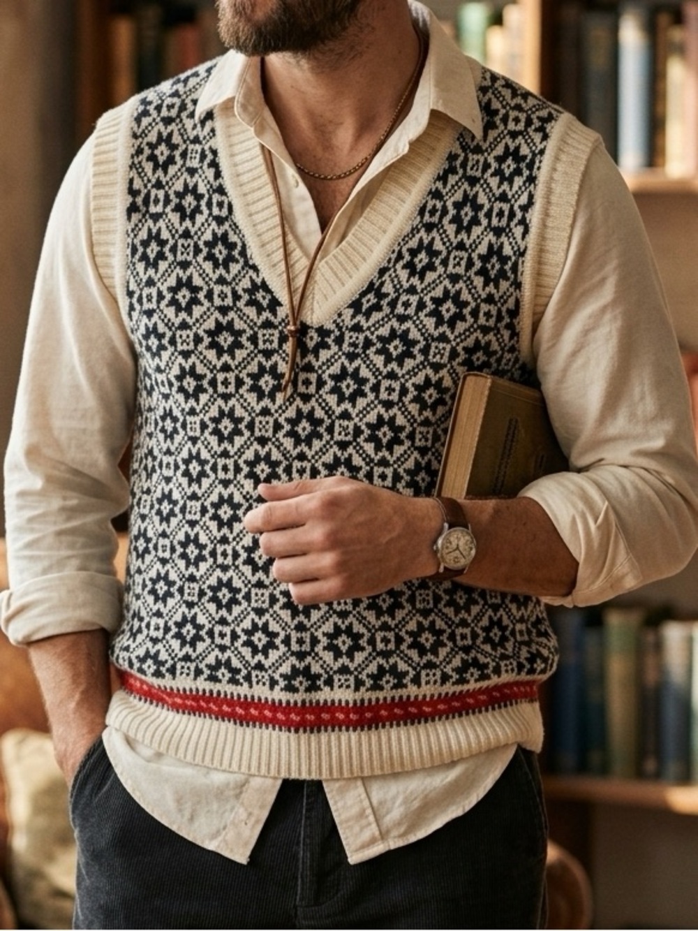 Vintage Slavic Patterned Wool Blend Sweater Vest